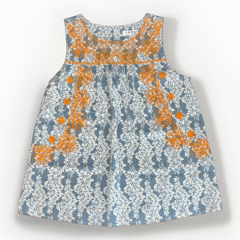 THML Blue & White Floral Print Orange Embroidery Sleeveless Tunic Top Size: M